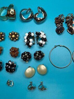 VTG Lot of 14 Pairs Various Clip-on & Screw Back Earrings Rhinestone Beads Hoops